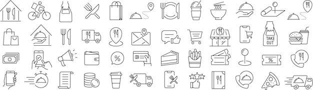 Conjunto de iconos de línea monocromática vectorial de entrega de alimentos