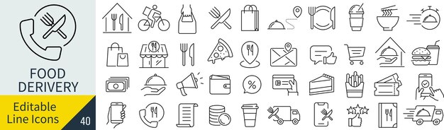 Conjunto de iconos de línea monocromática vectorial de entrega de alimentos
