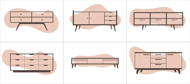 Conjunto de iconos de línea de muebles Muebles para sala de estar y dormitorio Ilustración de vector de estilo plano