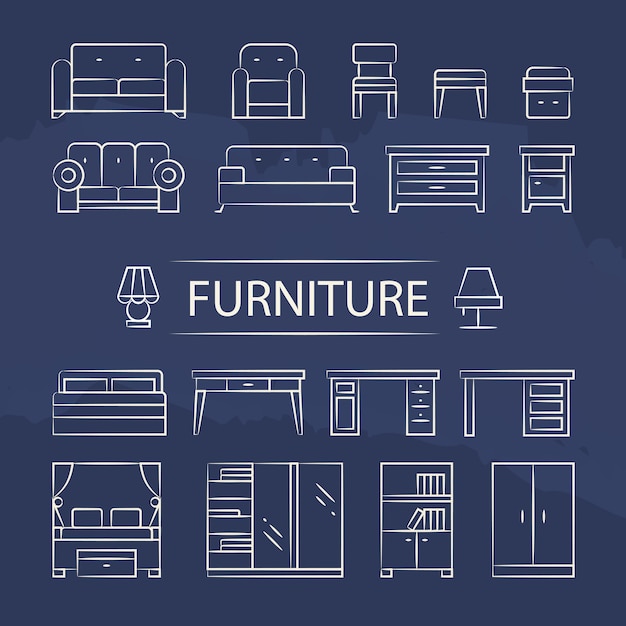 Conjunto de iconos de línea de muebles de sala de estar y muebles de sala
