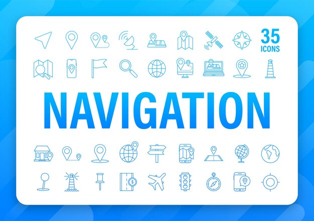 Conjunto de iconos de línea de navegación y mapa. Ilustración de stock vectorial.