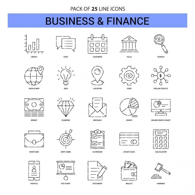 Conjunto de iconos de línea de negocios y finanzas - 25 estilo de esquema discontinuo