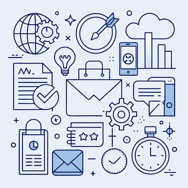 Conjunto de iconos de línea de negocios y tecnología