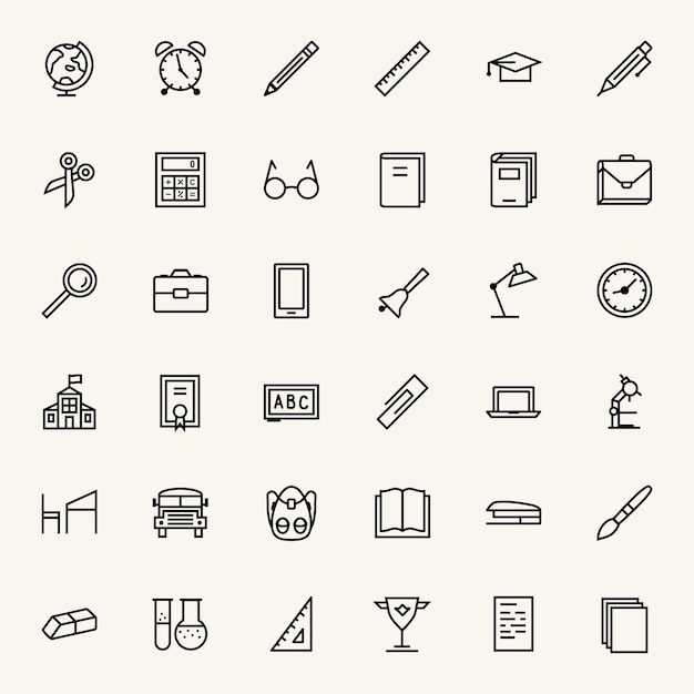 Conjunto de iconos de línea negra escolar y educativa Útiles escolares aislados en fondo blanco Elementos de diseño vectorial signos comerciales logotipos etiquetas de identidad y otros objetos de marca Vector 10 eps