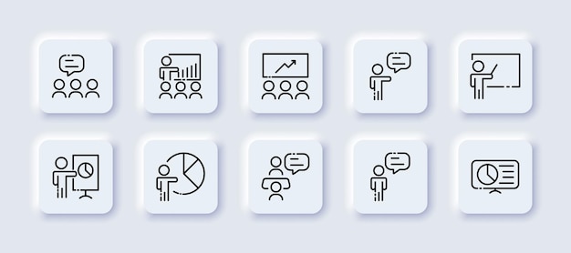 Conjunto de iconos de línea neomórfica de altavoz Rendimiento discurso burbuja signo de exclamación persona altavoz ideas de negocios noticias anuncio importante concepto de negocio Vector iconos neomórficos