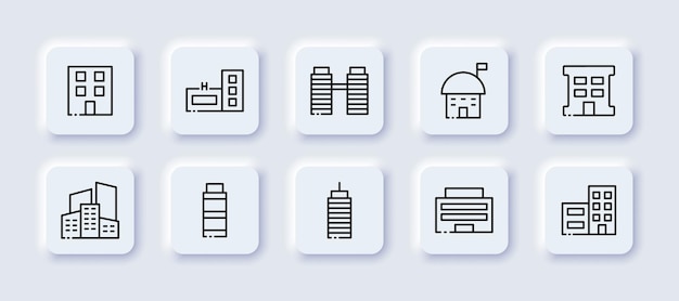 Conjunto de iconos de línea neomórfica del edificio Sala de construcción de apartamentos de neomorfismo nuevo edificio oficina torres gemelas edificio metrópolis negocio de fachada de piso de agente inmobiliario Conjunto de iconos de línea negra vectorial