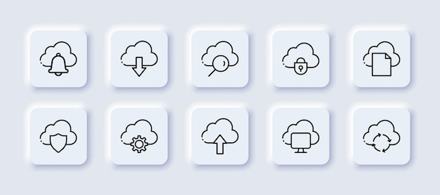 Conjunto de iconos de línea neomórfica en la nube Base de datos de intercambio de almacenamiento en la nube Acceso remoto Servicio en la nube Concepto de almacenamiento de datos de seguridad de inteligencia artificial Icono de línea negra neomórfica vectorial