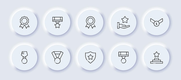 Conjunto de iconos de línea neomórfica de premio Medalla cinta estrella logro victoria líder campeón mano campeonato posición clasificación Concepto de competencia Conjunto de iconos de línea neomórfica vectorial