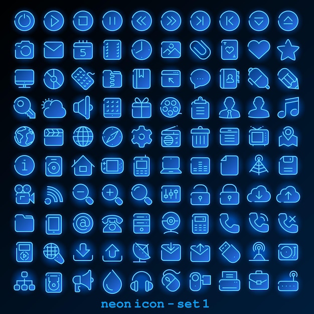 Vector conjunto de iconos de línea de neón azul 1