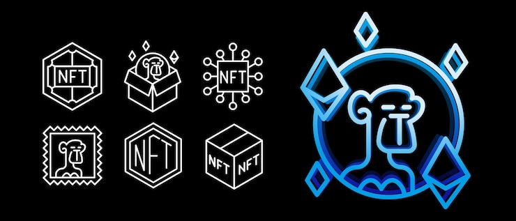 Vector conjunto de iconos de línea nft gallery iconos de neón brillante de la colección de pictogramas nft token apes