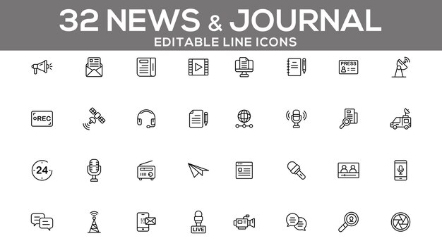 Conjunto de iconos de línea de noticias y periodismo 32 iconos vectoriales editables