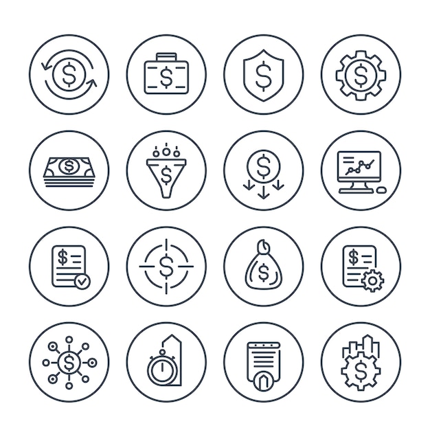 Conjunto de iconos de línea de optimización de costos de gestión financiera y monetaria de finanzas