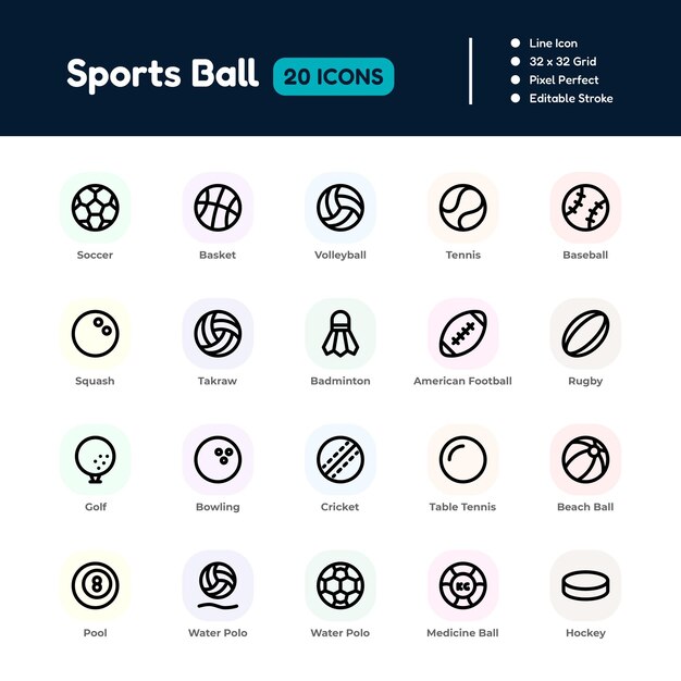 El conjunto de iconos de la línea de pelota deportiva Pixel Perfect Editable Stroke Vector Design