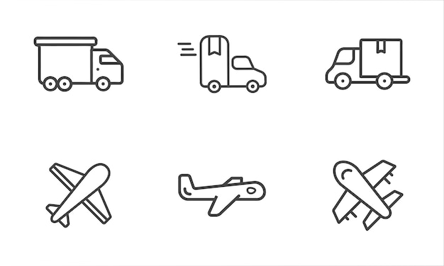 Conjunto de iconos de línea plana de avión camión avión Vector ilustración concepto de entrega