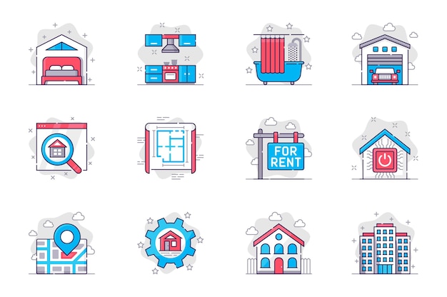 Conjunto de iconos de línea plana de concepto de bienes raíces Comprar o alquilar una casa o apartamento para aplicaciones móviles