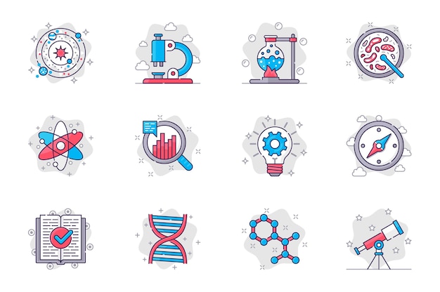 Conjunto de iconos de línea plana de concepto de ciencia Equipo de laboratorio e investigación científica para aplicaciones móviles