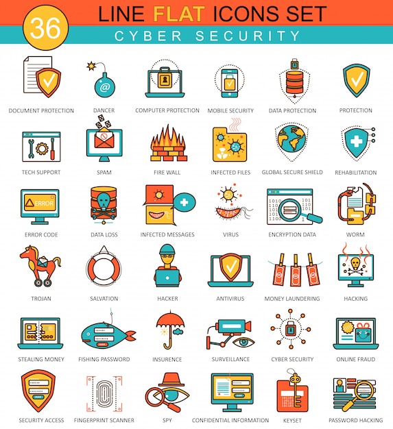 Conjunto de iconos de línea plana de seguridad cibernética