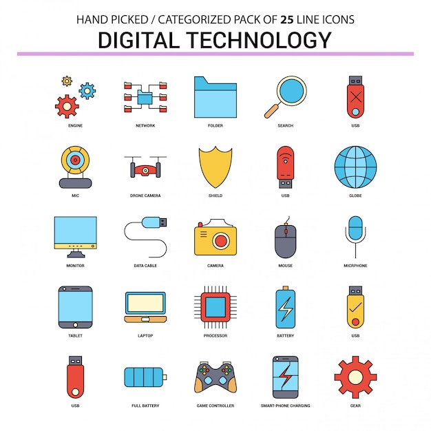 Conjunto de iconos de línea plana de tecnología digital