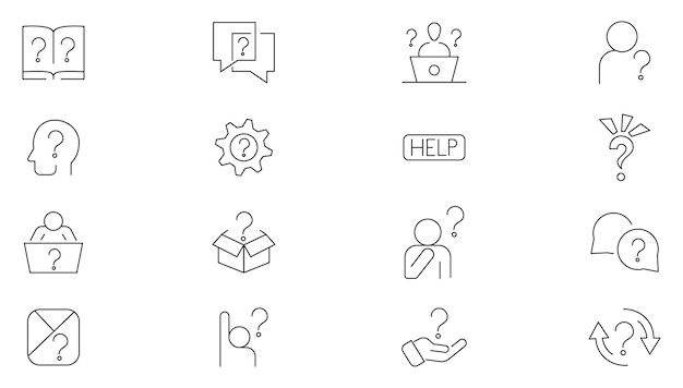 Conjunto de íconos de línea de preguntas Confusión de problemas Preguntas de preguntas Marco de pregunta y icono de pregunta de cuestionario