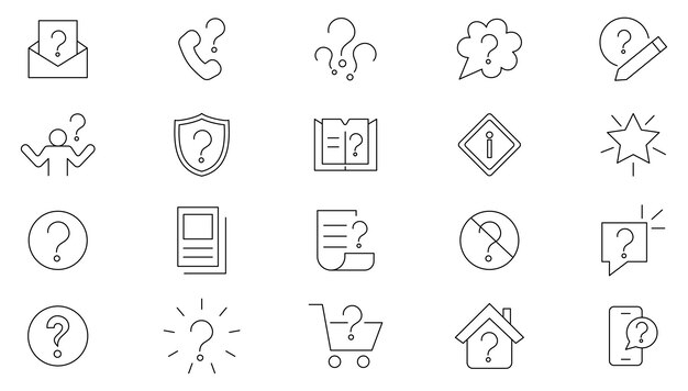 Conjunto de íconos de línea de preguntas Confusión de problemas Preguntas de preguntas Marco de pregunta y icono de pregunta de cuestionario