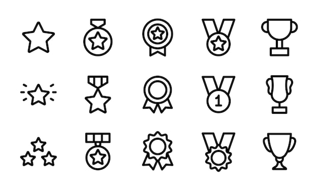 Conjunto de iconos de la línea de premios Conjunto del icono del premio que contiene insignias copas de trofeos cintas medallas icono sólido