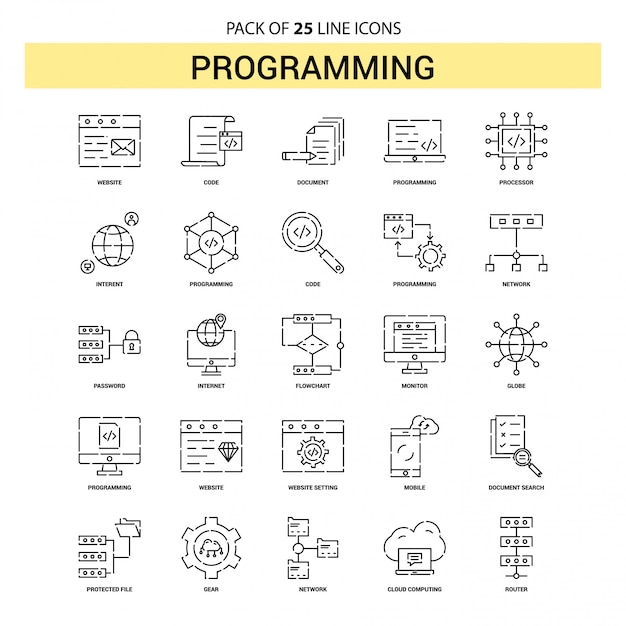 Conjunto de iconos de línea de programación - 25 estilo de esquema discontinuo