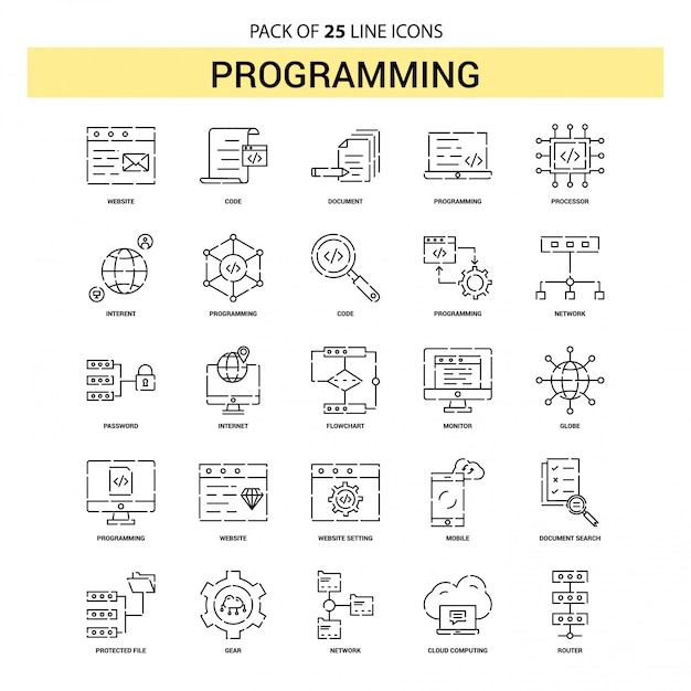 Vector conjunto de iconos de línea de programación - 25 estilo de esquema discontinuo