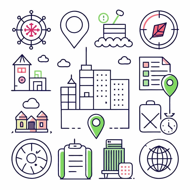 Un conjunto de iconos de línea que representan la ubicación de viaje, la navegación y la dirección