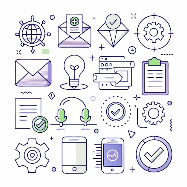 Un conjunto de iconos de línea que representan varios aspectos de los negocios y la tecnología, incluida la comunicación global, el análisis de datos de marketing por correo electrónico y la gestión de proyectos.
