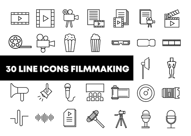 Conjunto de íconos de la línea de realización de películas Iconos de producción de video de cine de cine de película de película de cinta de película