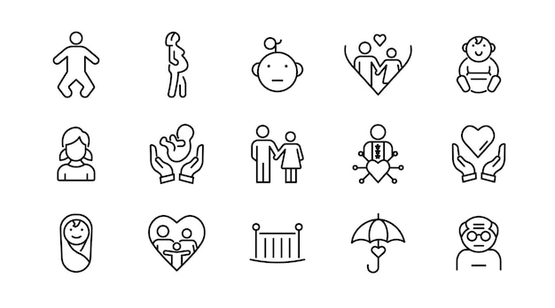 Conjunto de iconos de la línea de relación de la familia paquete de iconos del contorno delgado de la interfaz de usuario