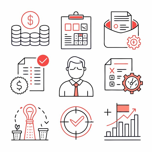 Conjunto de iconos de línea relacionados con la contabilidad Colección de iconos del esquema Símbolos comerciales Ilustración vectorial