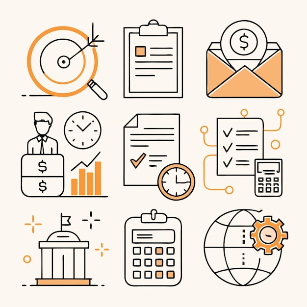 Conjunto de iconos de línea relacionados con la contabilidad Colección de iconos del esquema Símbolos comerciales Ilustración vectorial