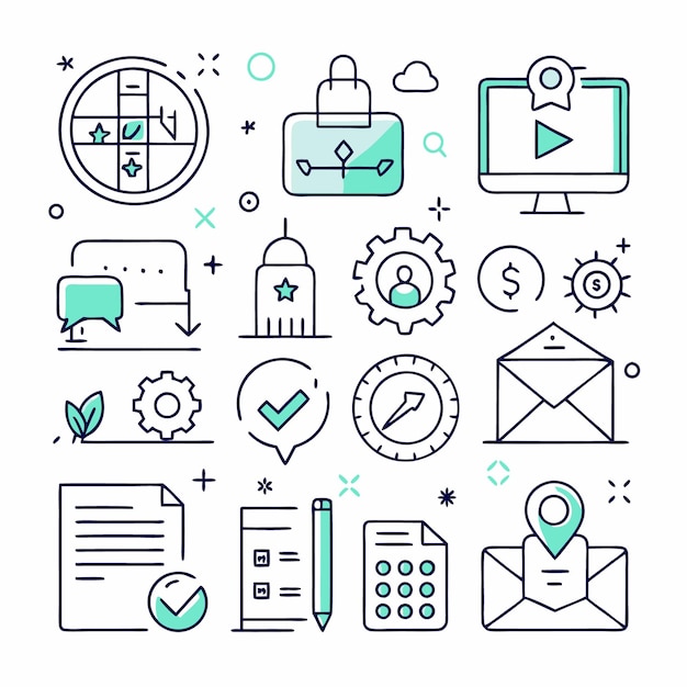 Conjunto de iconos de línea relacionados con la gestión empresarial y el marketing digital