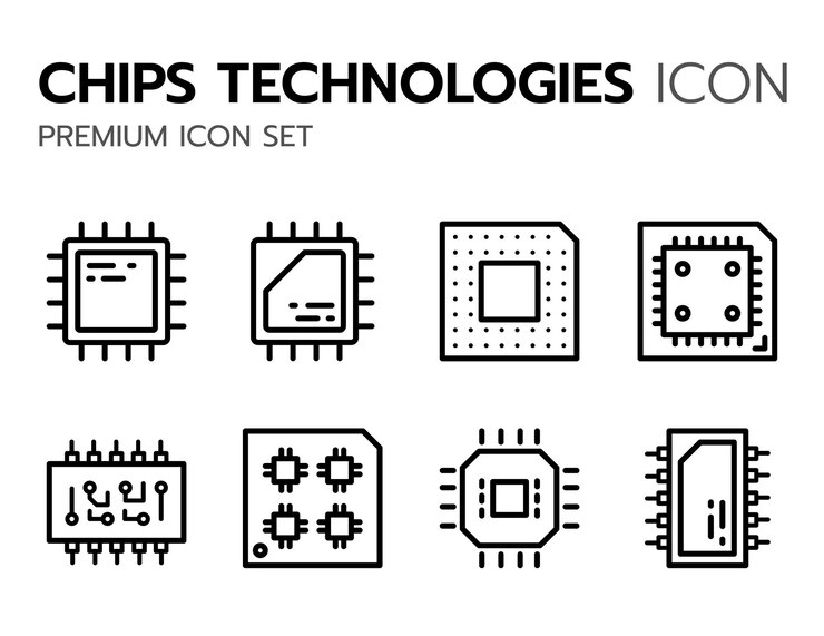 Vector un conjunto de iconos de línea relacionados con los iconos de contorno de la placa base de memoria de los microprocesadores, procesadores de cpu
