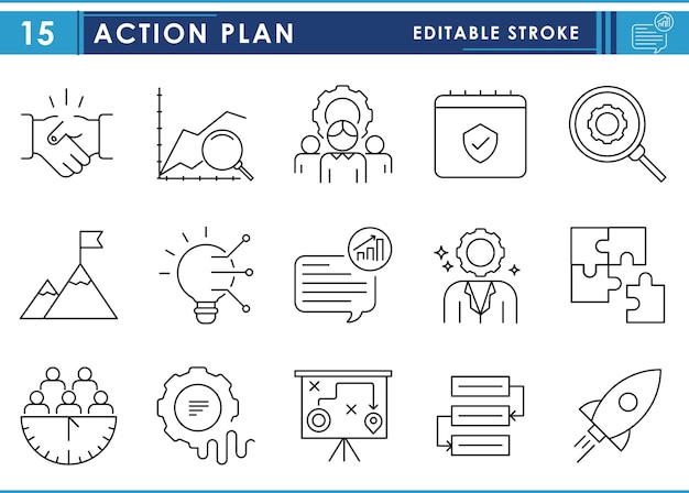 Un conjunto de iconos de línea relacionados con el plan de acción Vector trazo editable