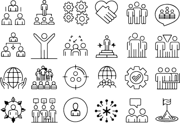 Conjunto de iconos de línea relacionados con la sociedad, trabajo en equipo, cooperación Colección de iconos del esquema
