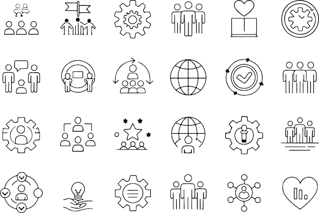Conjunto de iconos de línea relacionados con la sociedad, trabajo en equipo, cooperación Colección de iconos del esquema