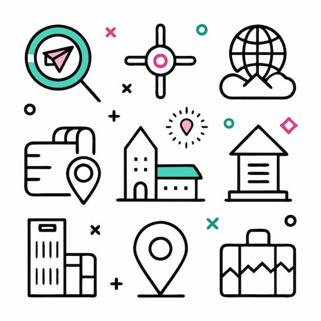 Conjunto de iconos de línea relacionados con viajes y turismo