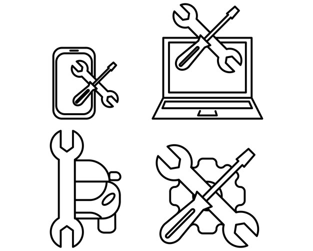 conjunto de iconos de línea de reparación destornillador llave martillo servicio automático