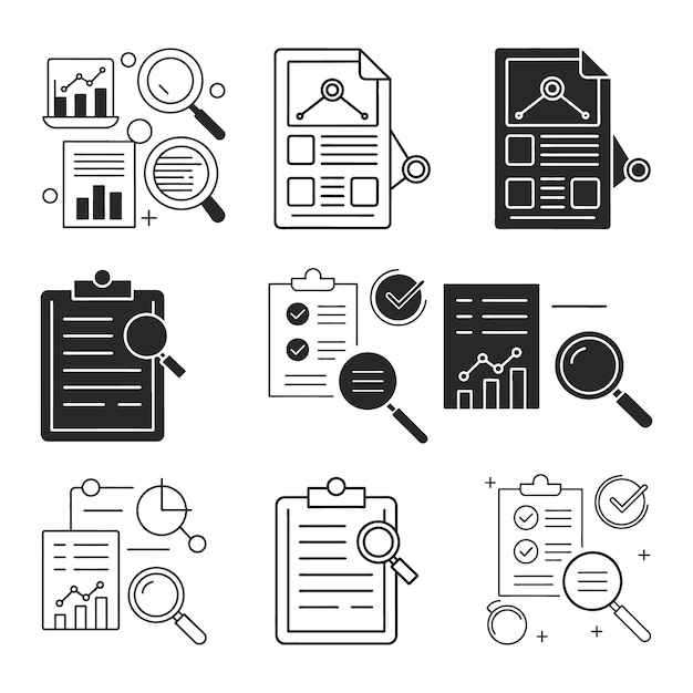 Conjunto de iconos de la línea de resultados de búsqueda Visión general de los estados financieros y símbolo vectorial de análisis de investigación en línea