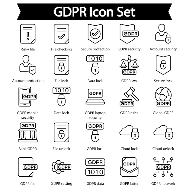 Conjunto de iconos de línea del RGPD