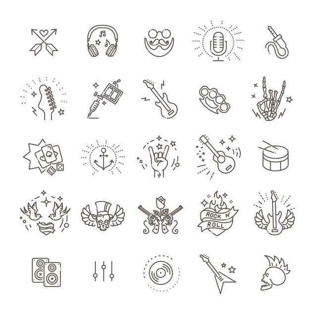 Conjunto de iconos de línea de Rock and Roll Iconos vectoriales