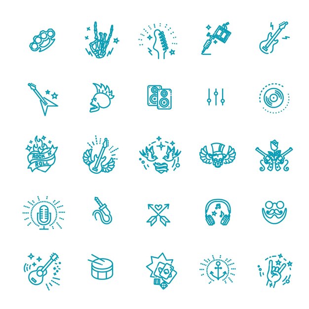 Conjunto de iconos de línea de Rock and Roll Iconos vectoriales