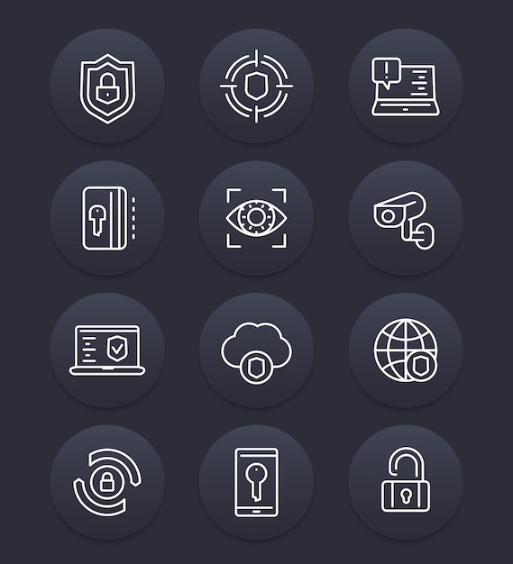 Conjunto de iconos de línea de seguridad y protección, ciberseguridad, navegación segura, firewall