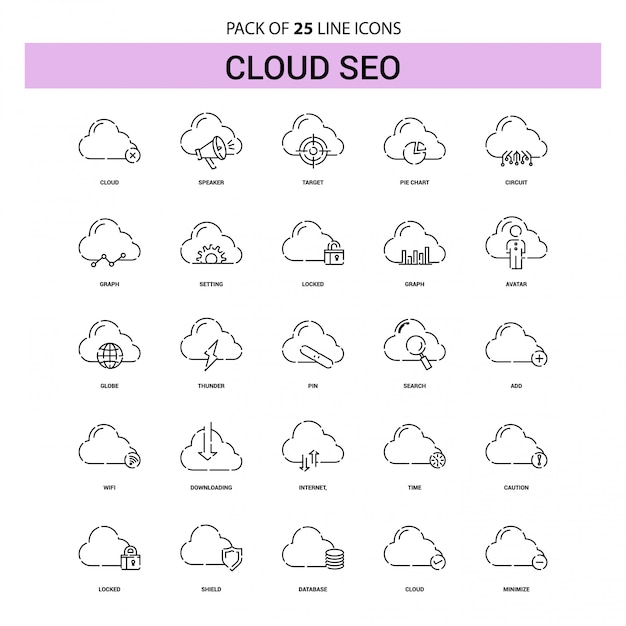 Conjunto de iconos de línea de SEO en la nube - 25 estilo de esquema discontinuo