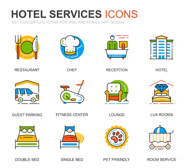 Conjunto de iconos de línea de servicio de hotel simple para sitio web