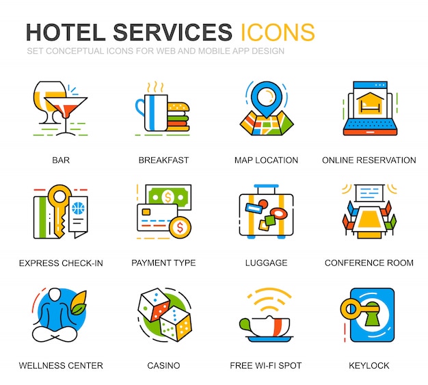 Vector conjunto de iconos de línea de servicio de hotel simple para sitio web