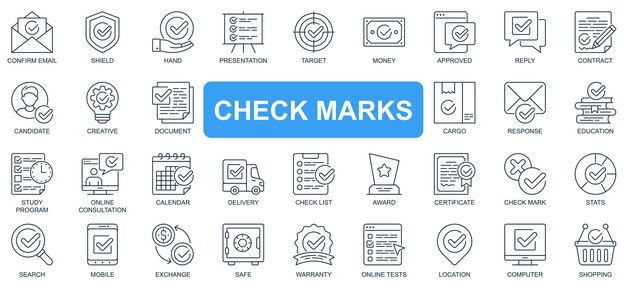 Conjunto de iconos de línea simple de concepto de marcas de verificación paquete de destino de presentación de mano de escudo de correo electrónico