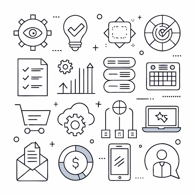 Conjunto de iconos de línea sobre finanzas empresariales y tecnología de marketing y desarrollo de sitios web